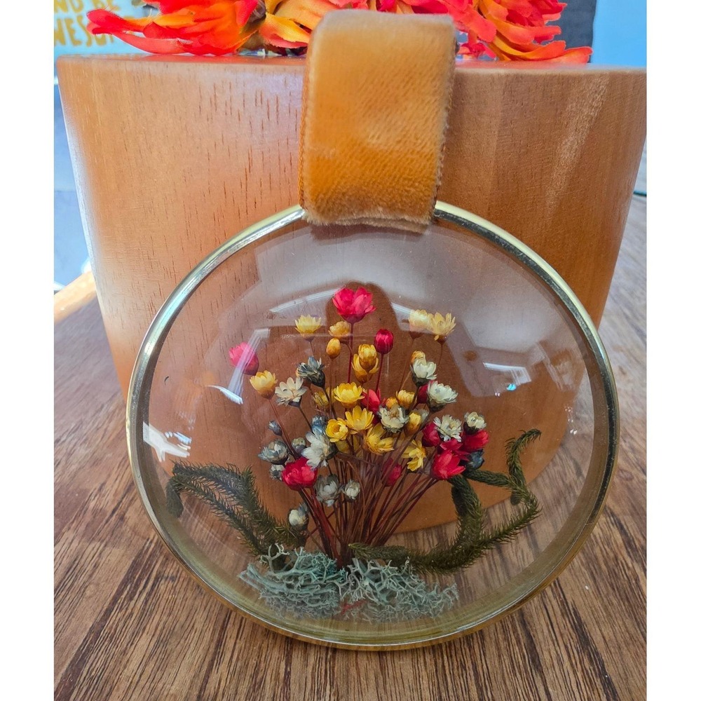 Vintage 1970s Curved Convex Glass Wall Hanging - Preserved Dried Flowers